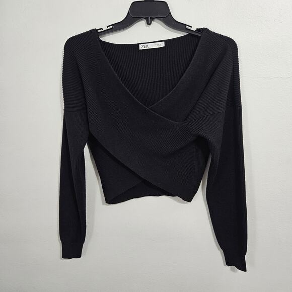Zara Black Cropped Faux Wrap Ribbed Wool Sweater Size M - Picture 3 of 5